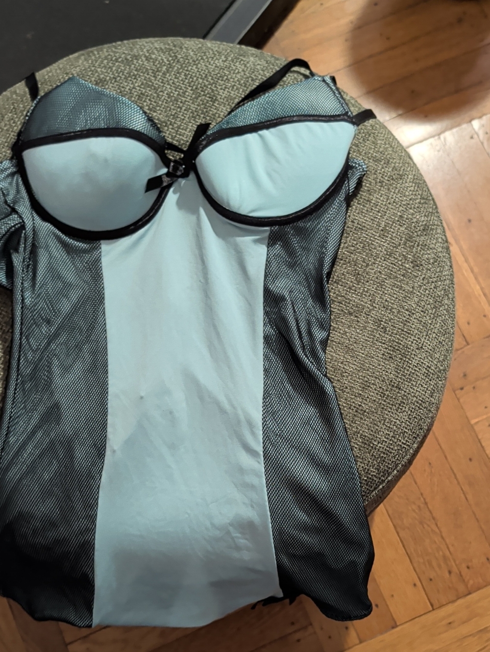 Light Blue and Black Bustier Chemise with Mesh Panels